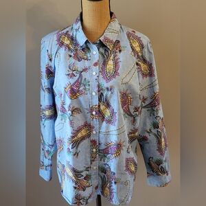 Talbots XLP Blue Paisley Cotton Button-up Blouse